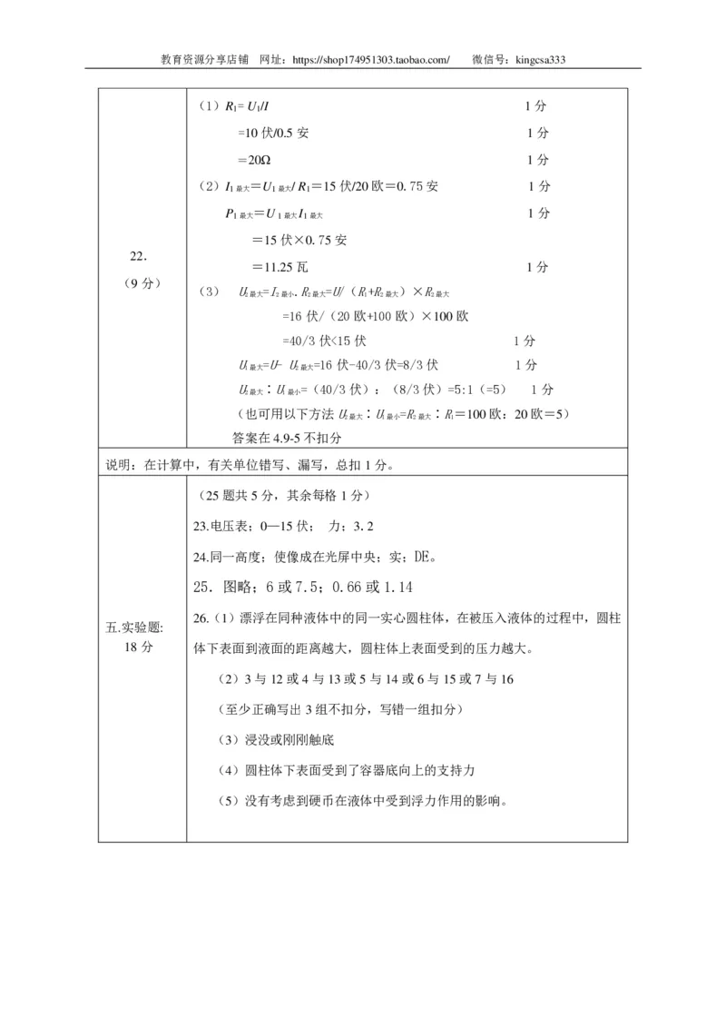上海市奉贤区2015届九年级4月质量调研（二模）物理试题及答案（PDF版）_0122026上海中考一模二模真题试卷_2025-2012年_4.上海中考物理一模二模（14-24）_二模_赠PDF版