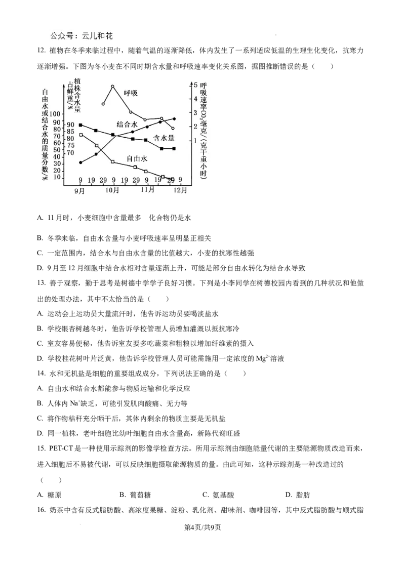 四川省成都市树德中学2024-2025学年高一上学期10月月考生物试题（原卷版）_2024年11月试卷_1102四川省成都市树德中学2024-2025学年高一上学期10月阶段性测试