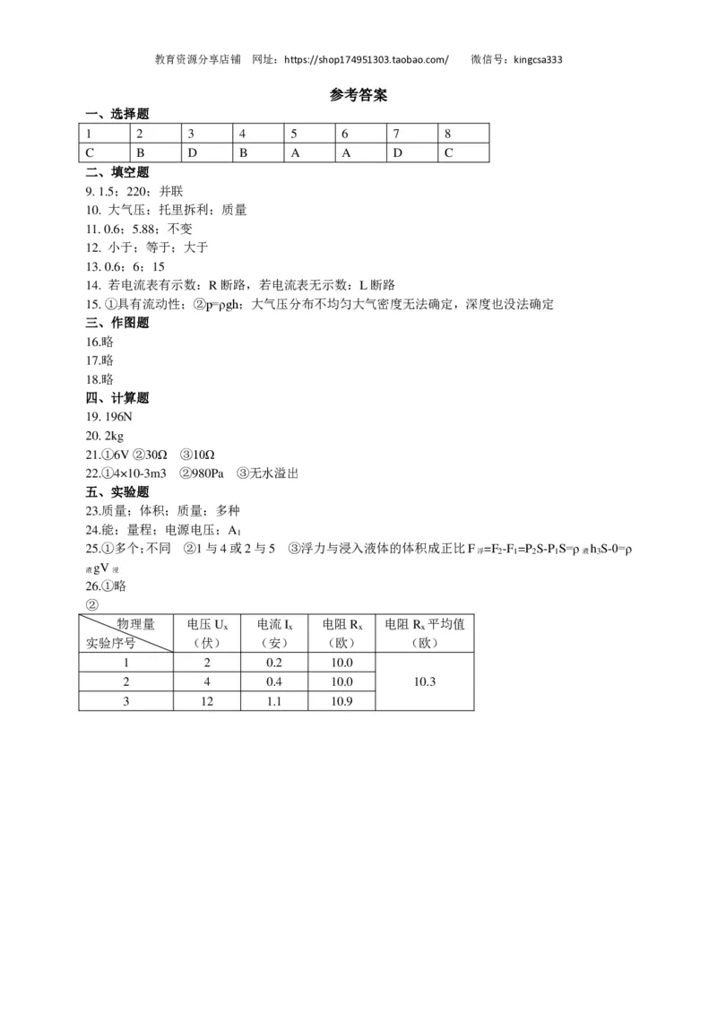 上海市虹口区2018届九年级上学期期末(一模）质量调研物理试题及答案（PDF版）_0122026上海中考一模二模真题试卷_2025-2012年_4.上海中考物理一模二模（14-24）_一模_赠PDF版