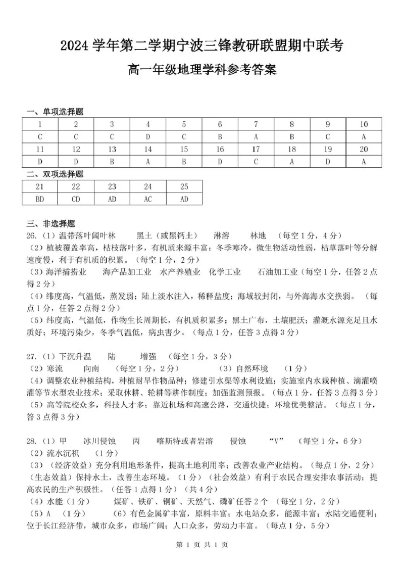 地理答案_2025年04月试卷_0425浙江省三锋联盟2024-2025学年高一下学期4月期中考试_浙江省宁波市三锋教研联盟2024-2025学年高一下学期4月期中地理试题（PDF版，含答案）