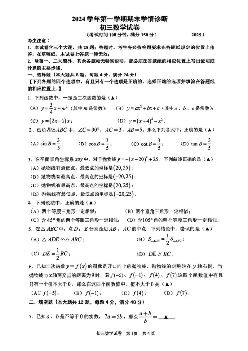 2025届金山区初三一模数学试卷_0122026上海中考一模二模真题试卷_2025-2012年_6.2025年上海一模_分科目整理（试卷及答案）英语听力音频在这里_数学