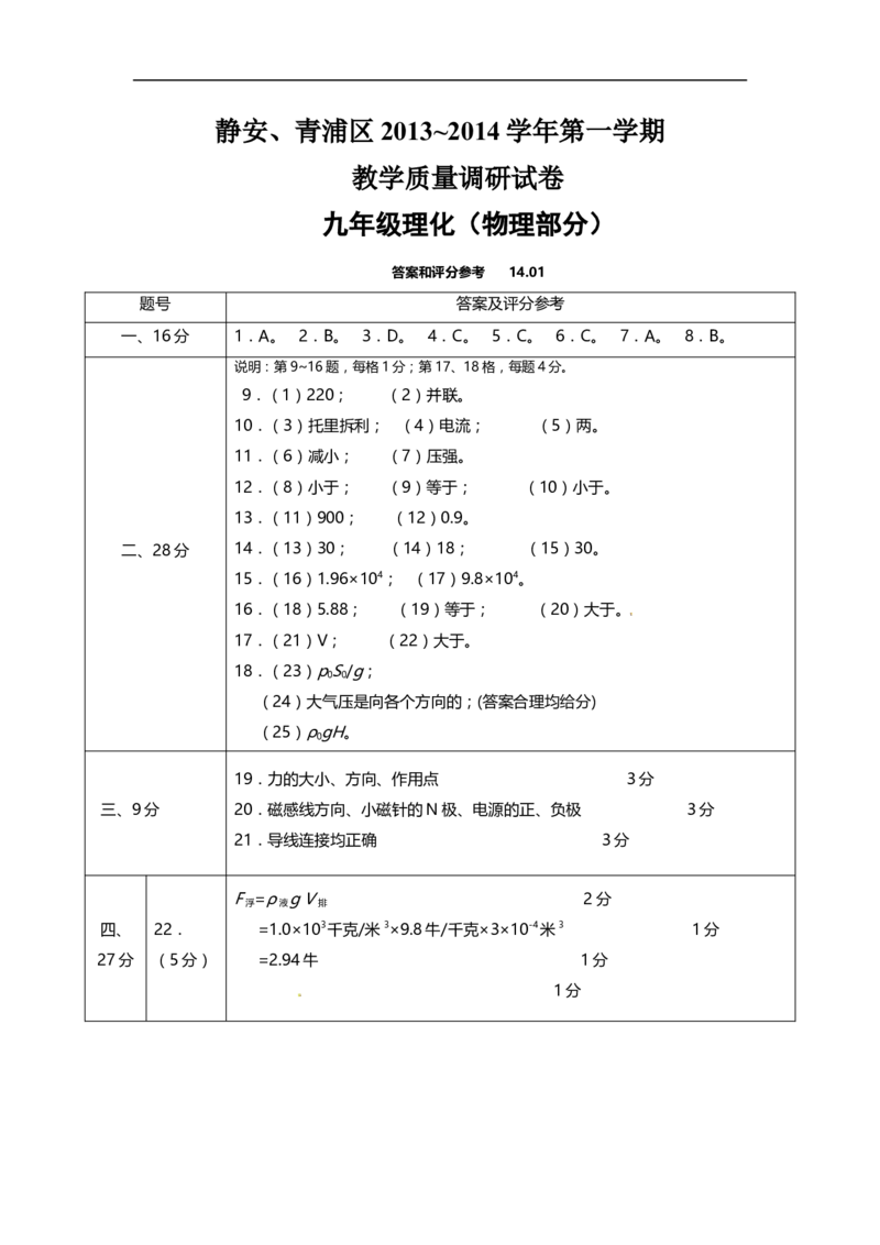 上海市静安、青浦区2014届九年级上学期期末(一模）质量调研物理试题及答案（word版）_0122026上海中考一模二模真题试卷_2025-2012年_4.上海中考物理一模二模（14-24）_一模