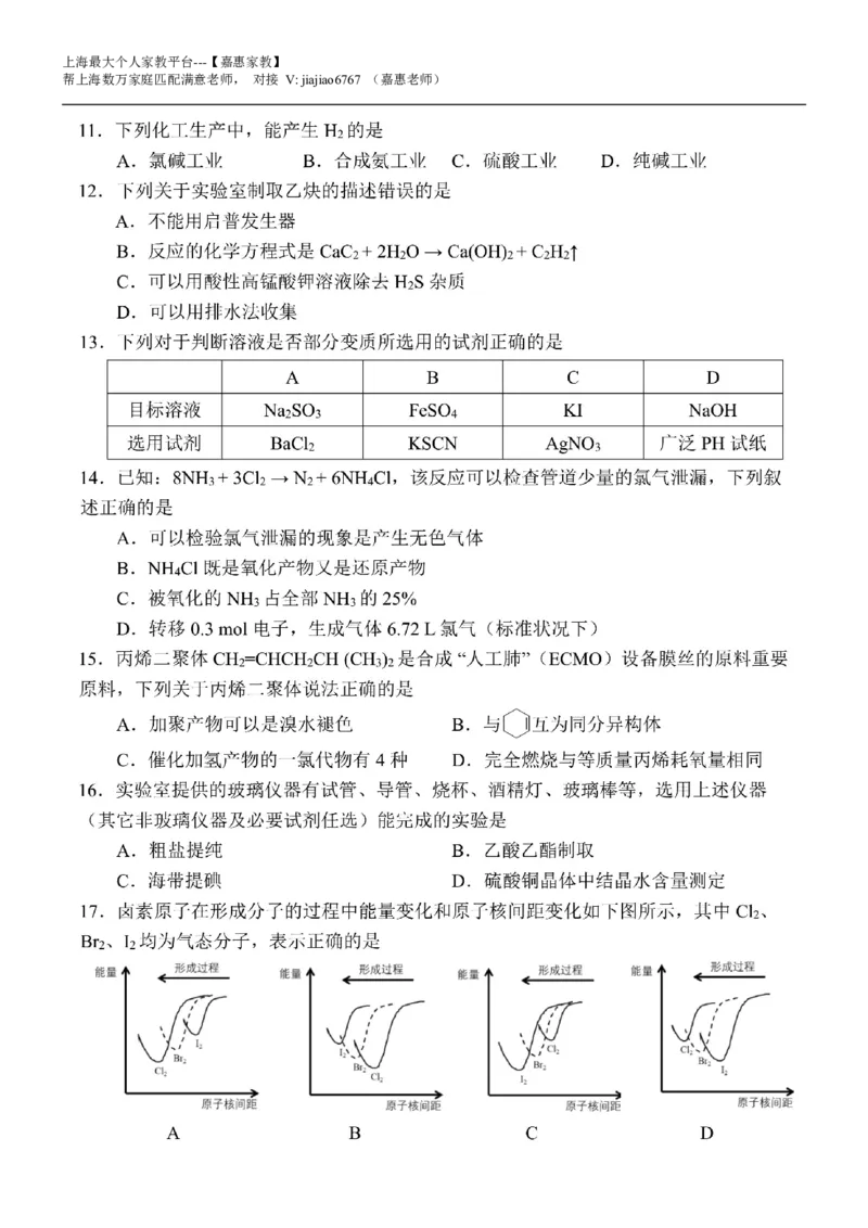 2020年上海高考化学真题（空白卷)（扫描版）_0122026上海中考一模二模真题试卷_2026年上海一模_上海1500初中高中试卷_高中_高考真题_5.上海高考化学2023-2014