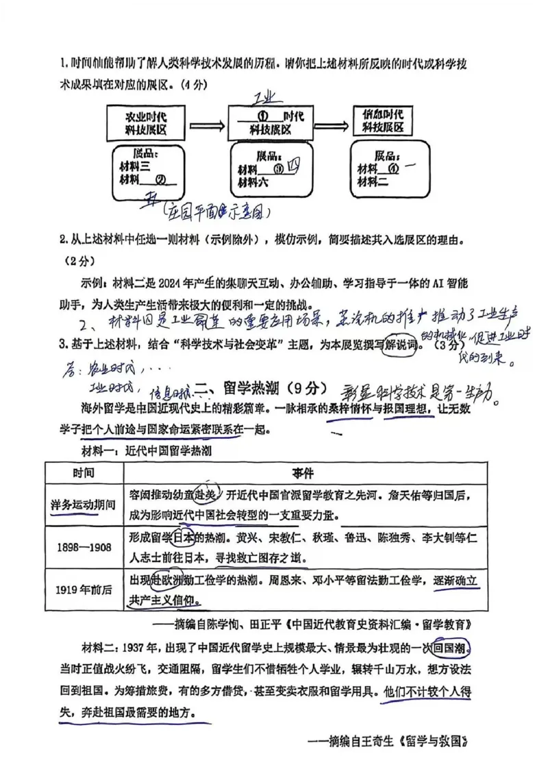 2026上海初三一模闵行历史（手写答案）_0122026上海中考一模二模真题试卷_2026年上海一模_上海1500初中高中试卷_闵行区