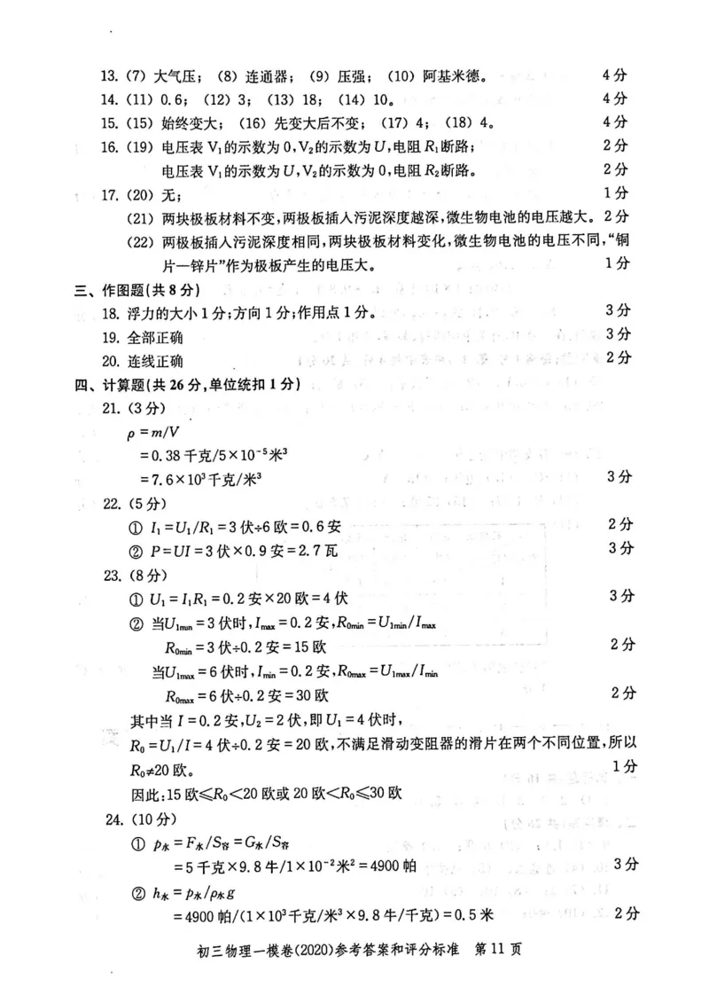 2020上海中考物理一模答案（扫描版）&mdash;&mdash;&mdash;全套16区_0122026上海中考一模二模真题试卷_2025-2012年_4.上海中考物理一模二模（14-24）_一模_2020年上海市中考物理一模试卷（15份）