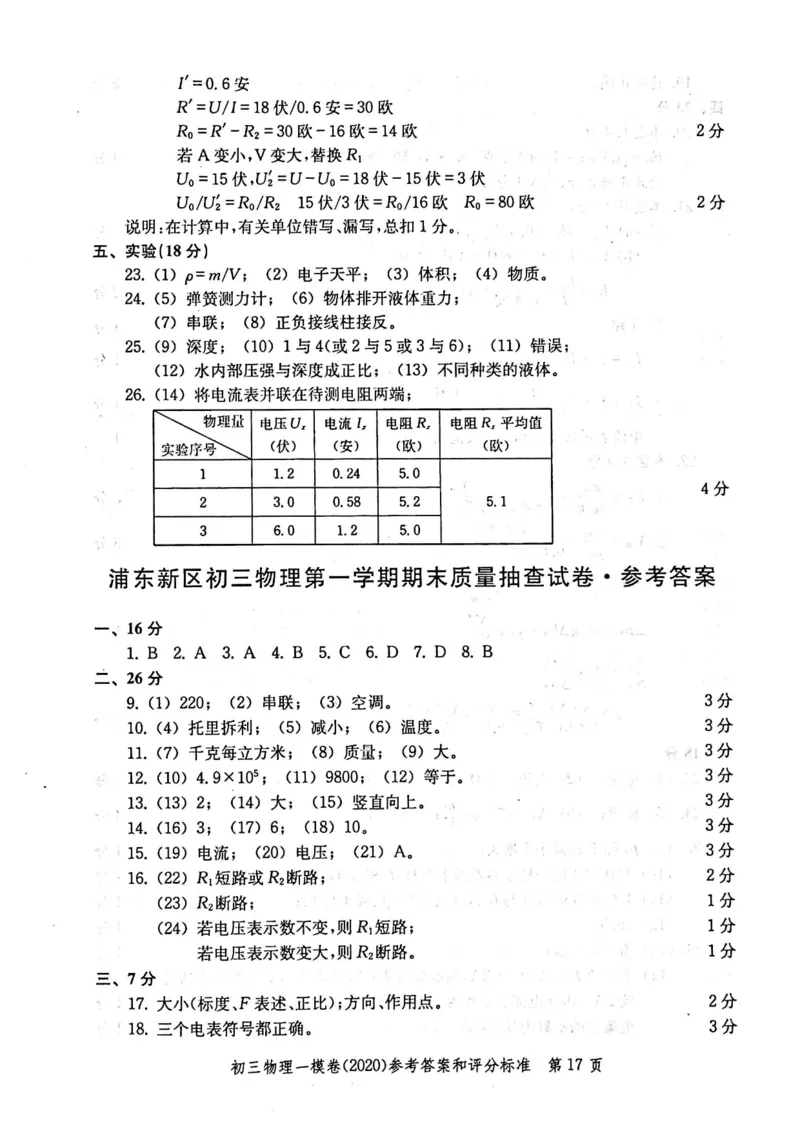 2020上海中考物理一模答案（扫描版）&mdash;&mdash;&mdash;全套16区_0122026上海中考一模二模真题试卷_2025-2012年_4.上海中考物理一模二模（14-24）_一模_2020年上海市中考物理一模试卷（15份）