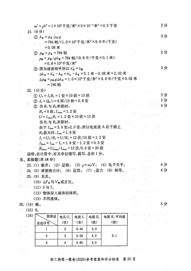 2020上海中考物理一模答案（扫描版）&mdash;&mdash;&mdash;全套16区_0122026上海中考一模二模真题试卷_2025-2012年_4.上海中考物理一模二模（14-24）_一模_2020年上海市中考物理一模试卷（15份）