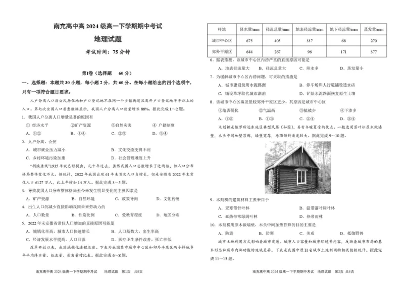 四川省南充高级中学2024-2025学年高一下学期期中考试地理南充高中高2024级高一中期考试地理试题（最终版）_2025年04月试卷_0427四川省南充市高级中学2024-2025学年高一下学期期中考试