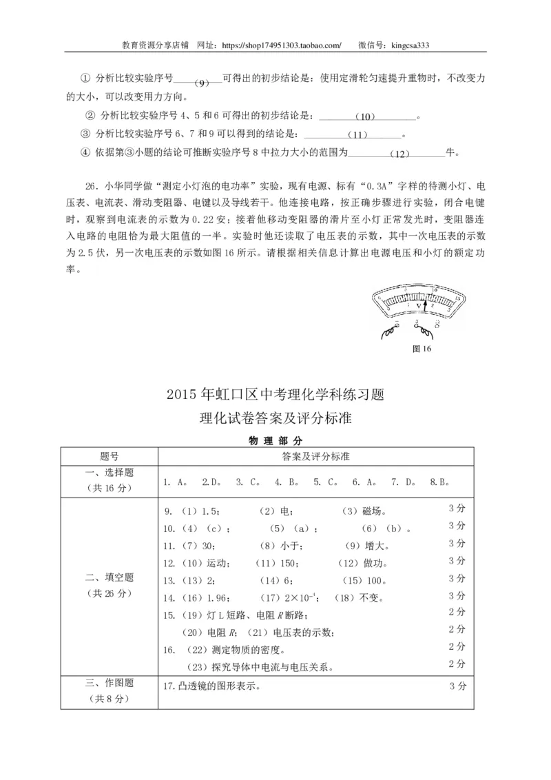 上海市虹口区2015届九年级4月质量调研（二模）物理试题及答案（PDF版）_0122026上海中考一模二模真题试卷_2025-2012年_4.上海中考物理一模二模（14-24）_二模_赠PDF版