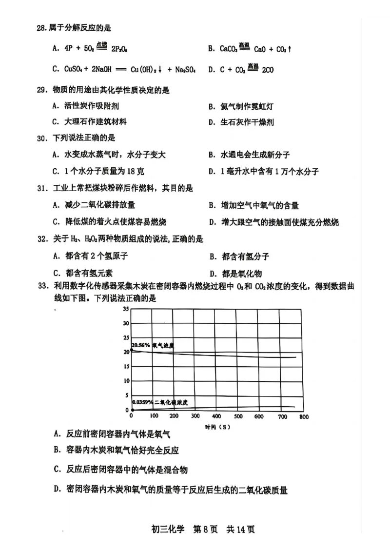 2025年初三一模松江区化学试卷_0122026上海中考一模二模真题试卷_2025-2012年_6.2025年上海一模_分科目整理（试卷及答案）英语听力音频在这里_化学