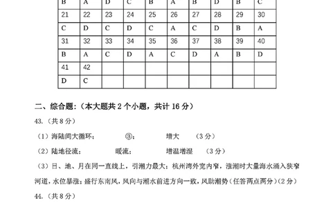 地理答案_2024年12月试卷_1224江苏省盐城市五校联考2024-2025学年第二次阶段性考试高一12月_江苏省盐城市五校联考2024-2025学年高一上学期12月联考地理试题