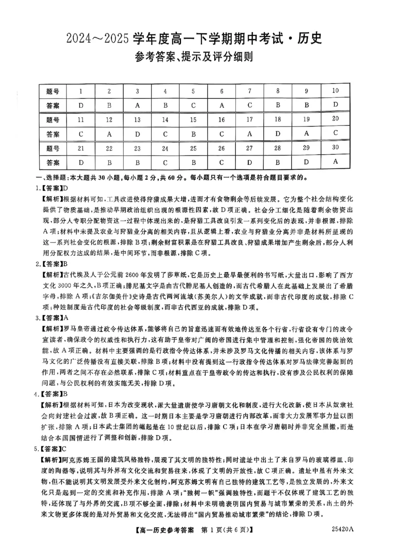 吉林省松原市2024~2025学年度高一下学期期中考试历史（含答题卡、答案）_2025年05月试卷_0530吉林省松原市2024-2025学年高一下学期期中考试