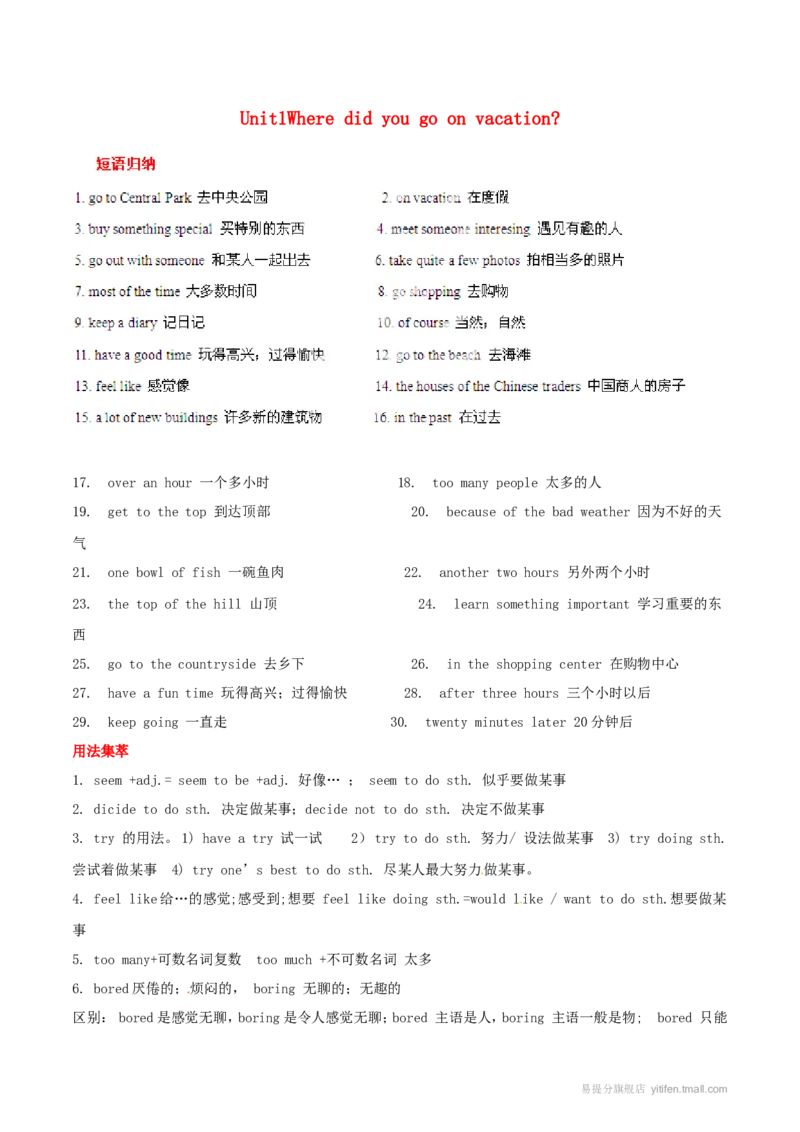 Unit1基础知识手册_最新人教版英语八年级上册_老版（含有参考价值）_06复习+知识梳理+工作计划总结人教版初中英语八上（多版本）易提分旗舰店_基础知识手册