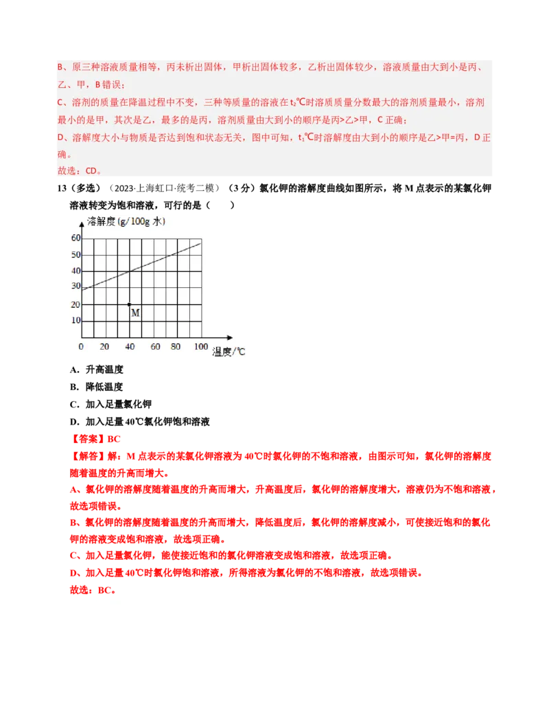 专题05溶液与溶解度曲线（解析版）_0122026上海中考一模二模真题试卷_2025-2012年_5.上海中考化学一模二模（12-24）_二模_2023年上海市中考化学二模试卷（15份）