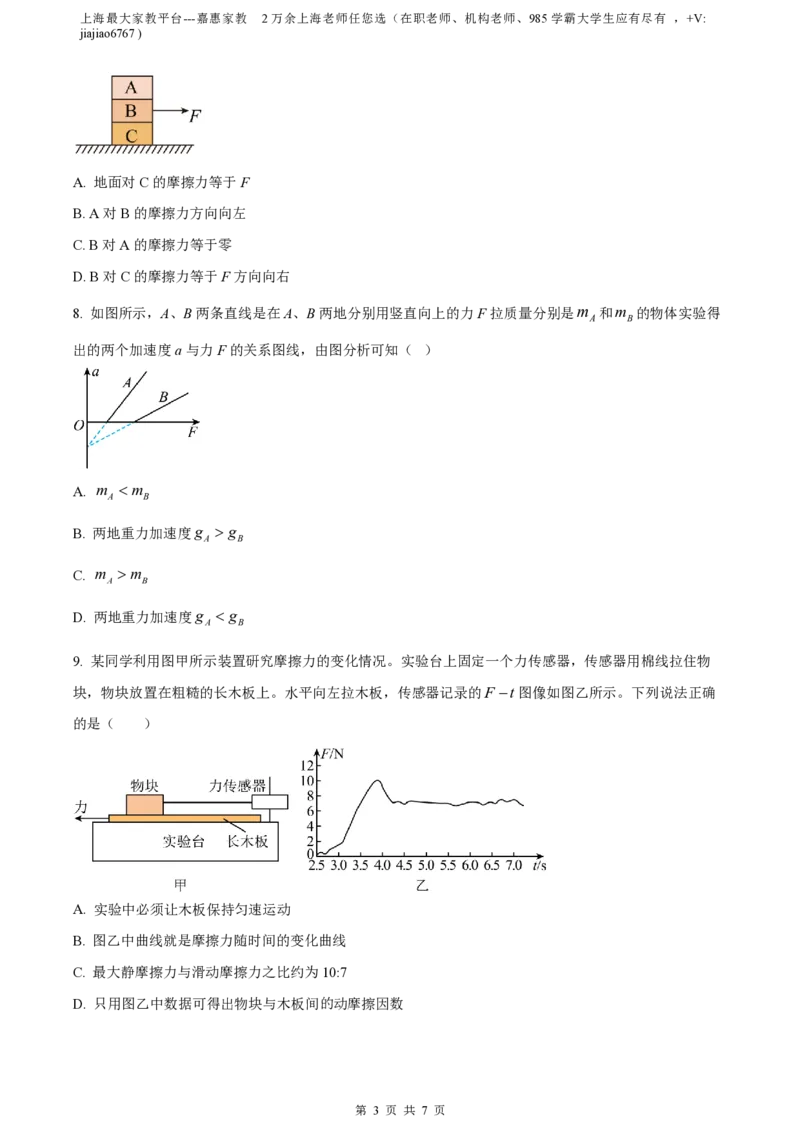 精品解析：上海市曹杨第二中学2022-2023学年高一上学期期末物理试题（原卷版）_0122026上海中考一模二模真题试卷_2026年上海一模_上海1500初中高中试卷_高中_高一_上学期_3：期末