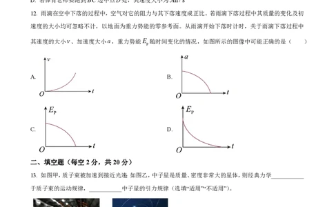 精品解析：上海市上海师范大学附属中学闵行分校2021-2022学年高一下学期期末物理试题（原卷版）_0122026上海中考一模二模真题试卷_2026年上海一模_上海1500初中高中试卷_高中_高一