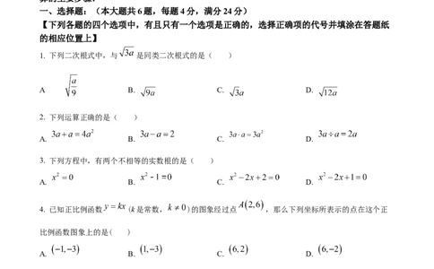 精品解析：2024年上海市普陀区中考二模数学试题（原卷版）_0122026上海中考一模二模真题试卷_2025-2012年_2.上海中考数学一模二模（12-24）_二模