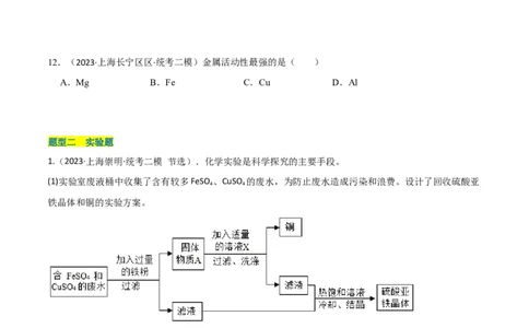 专题09金属性质与回收（原卷版）_0122026上海中考一模二模真题试卷_2025-2012年_5.上海中考化学一模二模（12-24）_二模_2023年上海市中考化学二模试卷（15份）