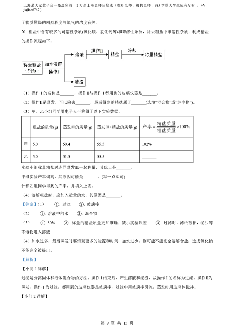 精品解析：上海市浦东新区杨思中学2023-2024学年九年级上学期期中化学试题（解析版）_0122026上海中考一模二模真题试卷_2026年上海一模_上海1500初中高中试卷_初中_九年级_上学期