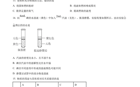 精品解析：2024年上海市奉贤区一模化学试题（原卷版）_0122026上海中考一模二模真题试卷_2025-2012年_5.上海中考化学一模二模（12-24）_一模_2024年上海市中考化学一模试卷（13份）