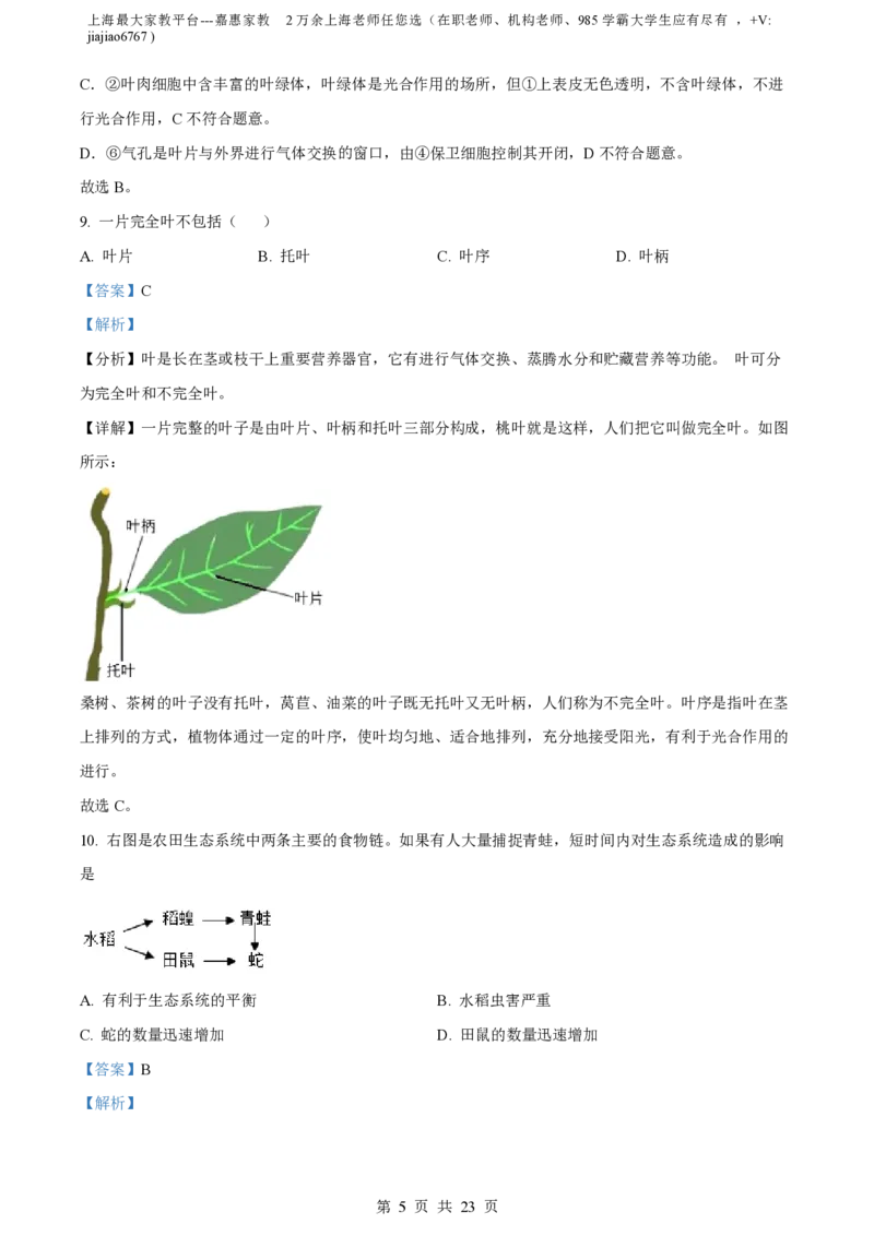 精品解析：上海市闵行区2022-2023学年九年级上学期期末练习生命科学试题（解析版）_0122026上海中考一模二模真题试卷_2026年上海一模_上海1500初中高中试卷_初中_九年级_上学期_3：期末