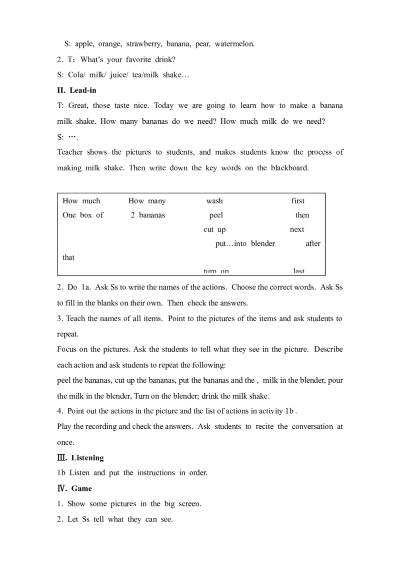 Unit8Howdoyoumakeabananamilkshake教案_最新人教版英语八年级上册_老版（含有参考价值）_01教案人教版初中英语八上（多版本）易提分旗舰店_教案4