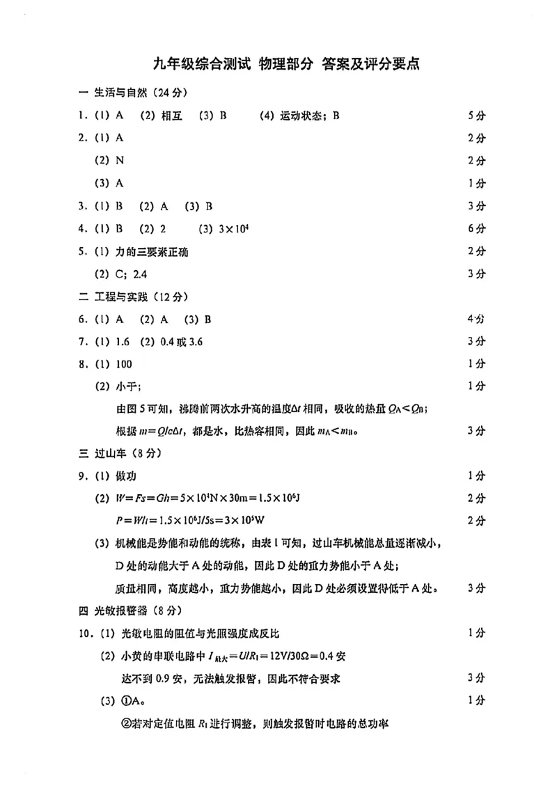 黄浦物理官方答案_0122026上海中考一模二模真题试卷_2026上海二模更新中1_黄浦