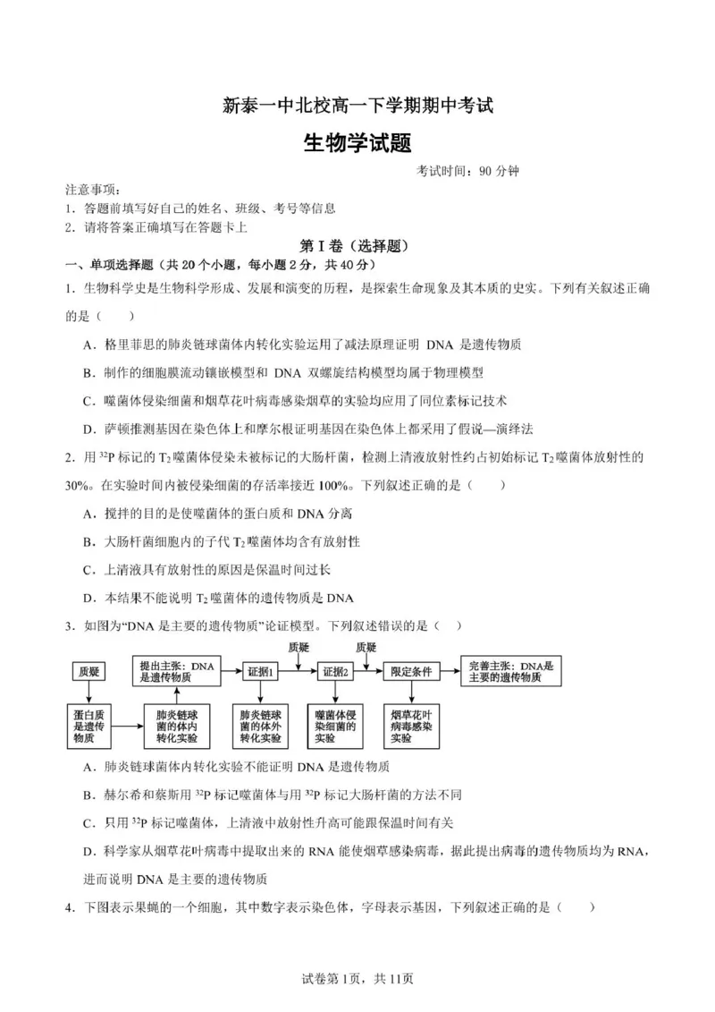 山东省新泰市第一中学北校2024&mdash;2025学年高一下学期期中考试生物试题新泰一中北校高一下学期期中考试_2025年05月试卷