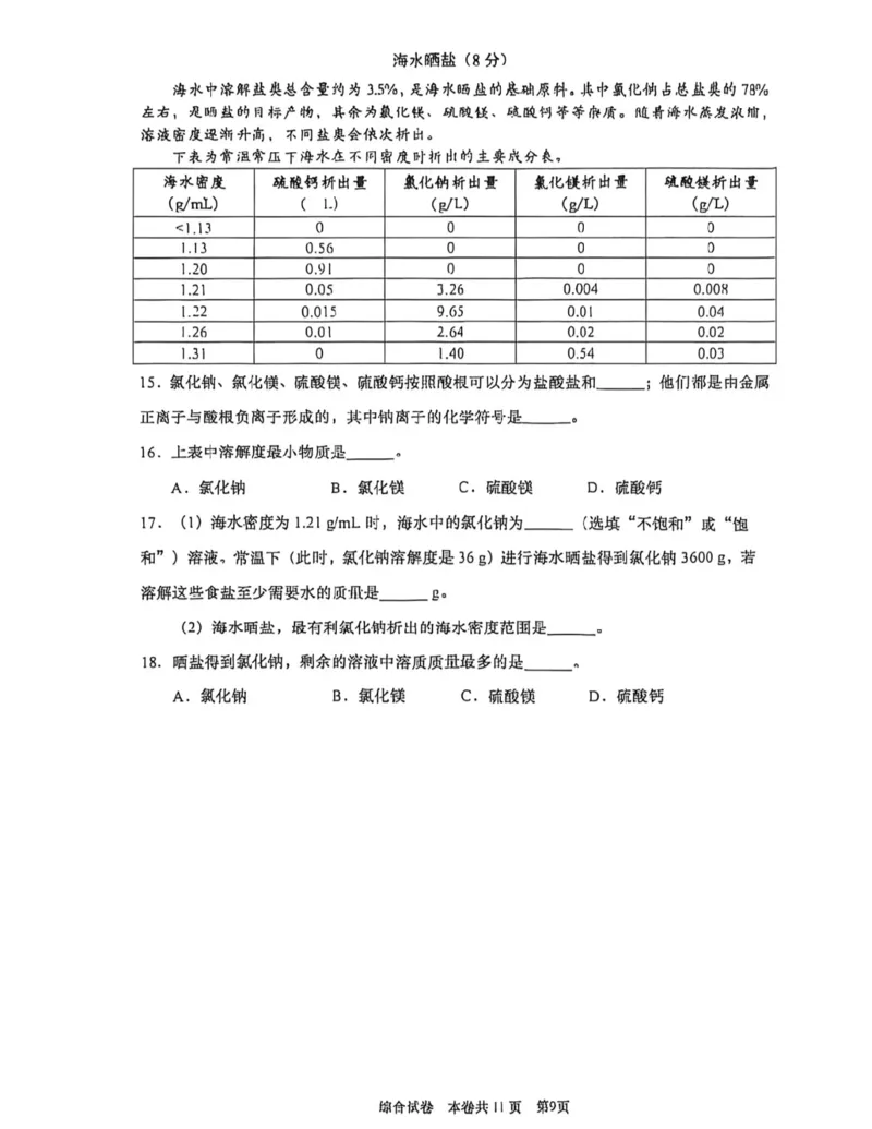 普陀二模化学试卷_0122026上海中考一模二模真题试卷_2026上海二模更新中1_普陀