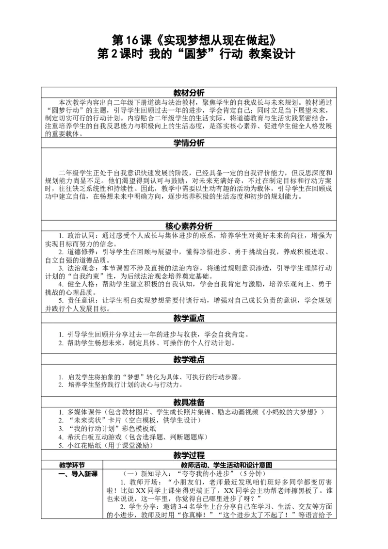 16.2《实现梦想从现在做起&mdash;&mdash;我的&ldquo;圆梦&rdquo;行动》教案设计(1)(1)_26新二年级道法下册（统编版）_版本一_部编版道德与法治2下_2026春新版_第一套_16.2《实现梦想从现在做起》