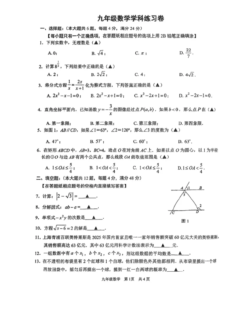青浦二模数学试卷_0122026上海中考一模二模真题试卷_2026上海二模更新中1_杨浦