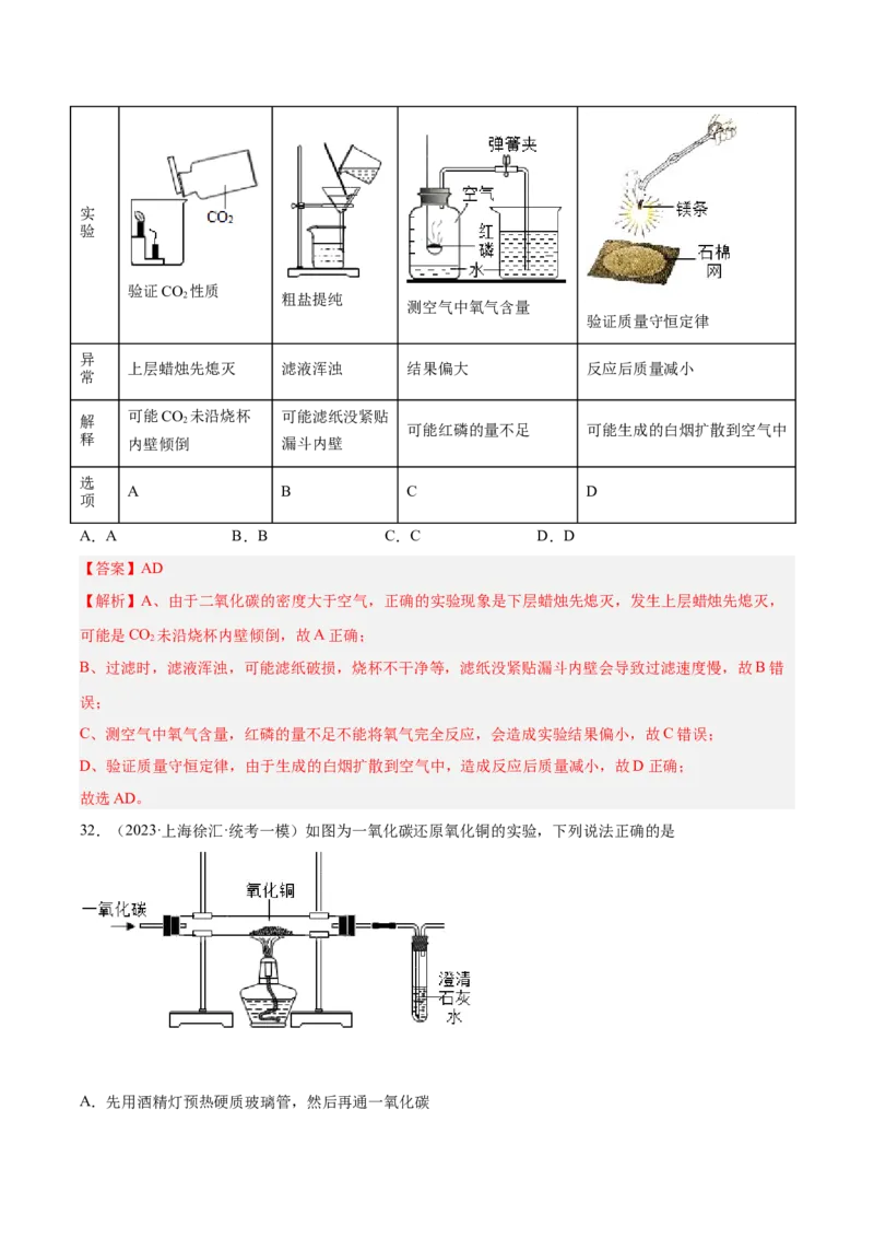 专题03化学反应实验小题-学易金卷：2023年中考化学一模试题分项汇编（上海专用）（解析版）_0122026上海中考一模二模真题试卷_2025-2012年_5.上海中考化学一模二模（12-24）_一模
