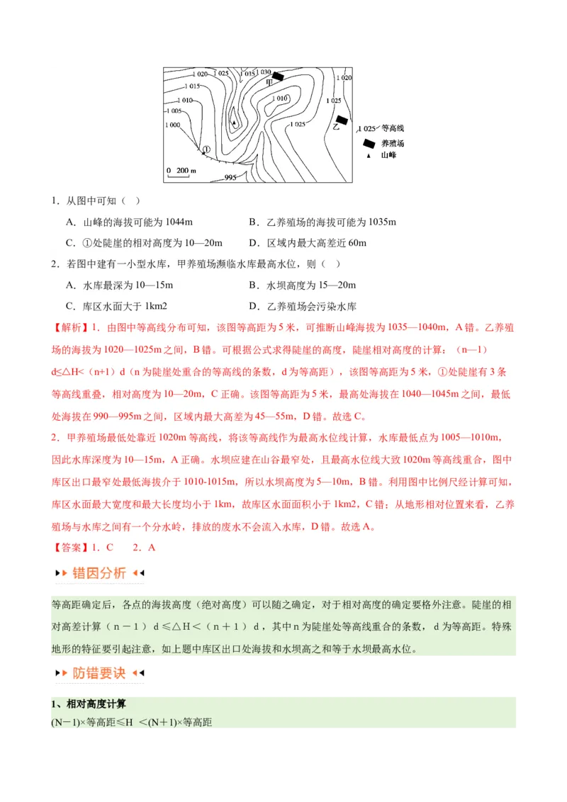 专题01等高线提分突破（5大易错）-备战2024年高考地理考试易错题（全国通用）（原卷版）_新高考复习资料_2024年新高考复习资料_专项复习资料