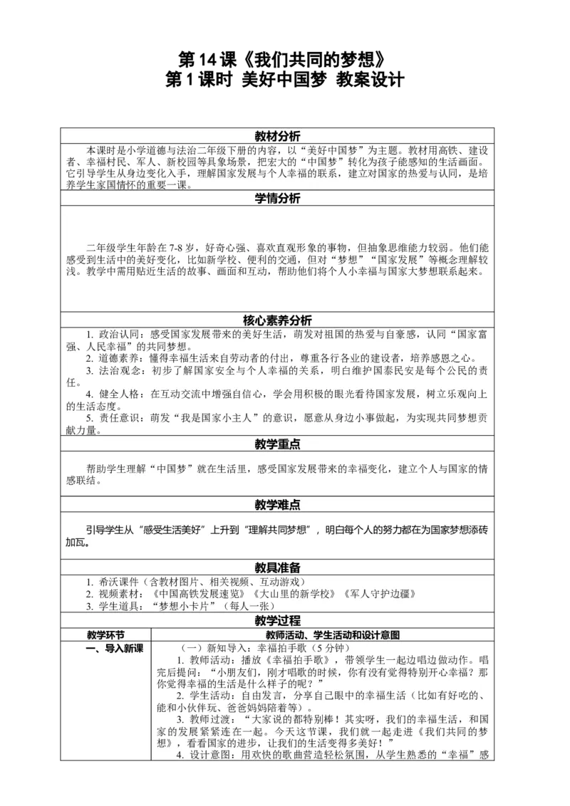 14.1《我们共同的梦想&mdash;&mdash;美好中国梦》教案设计(1)_26新二年级道法下册（统编版）_版本一_部编版道德与法治2下_2026春新版_第4套-小_02.道德2下-表格式核心素养教案+PPT课件第2套已更完