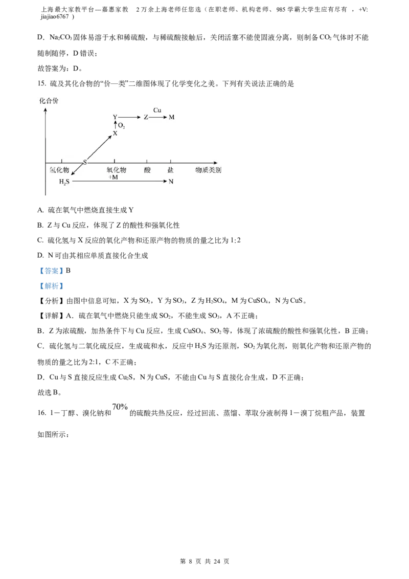 精品解析：上海市嘉定区2023届高三一模化学试题（解析版）_0122026上海中考一模二模真题试卷_2026年上海一模_上海1500初中高中试卷_高中_高三_模拟卷_化学