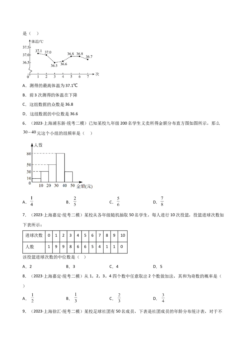 专题07统计与概率（28题）（原卷版）_0122026上海中考一模二模真题试卷_2025-2012年_2.上海中考数学一模二模（12-24）_二模_2023年上海市中考数学二模试卷（16区）
