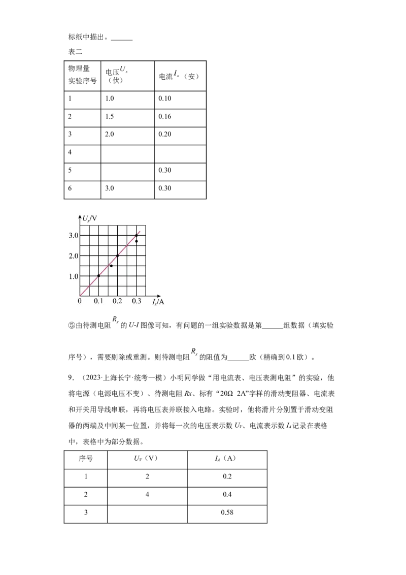 专题12-&ldquo;伏安法&rdquo;及其他方法测量电阻实验题-学易金卷：2023年中考物理一模试题分项汇编（上海专用）（原卷版）_0122026上海中考一模二模真题试卷_2025-2012年_一模
