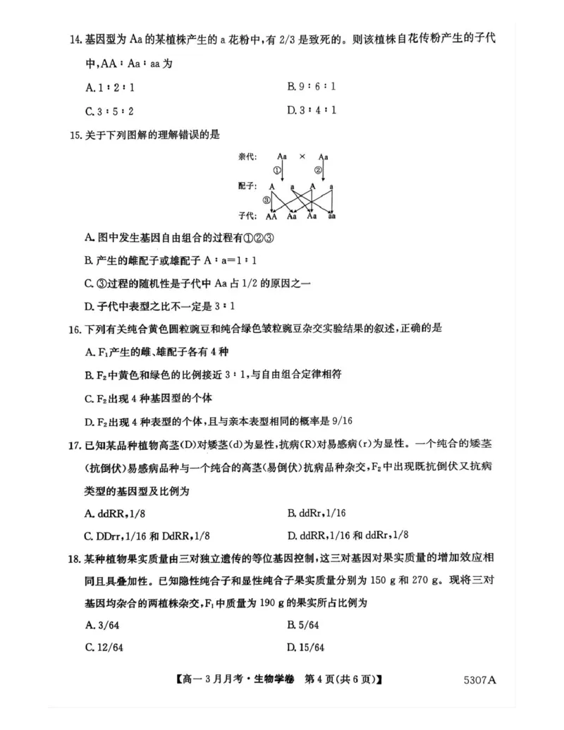 安徽省蚌埠市固镇县毛钽厂实验中学2024-2025学年高一下学期3月月考生物试题_2025年03月试卷_0322安徽省蚌埠市固镇县毛钽厂实验中学2024-2025学年高一下学期3月月考
