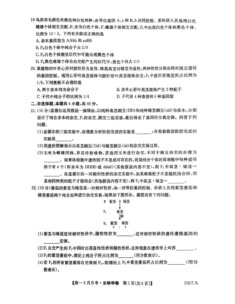 安徽省蚌埠市固镇县毛钽厂实验中学2024-2025学年高一下学期3月月考生物试题_2025年03月试卷_0322安徽省蚌埠市固镇县毛钽厂实验中学2024-2025学年高一下学期3月月考