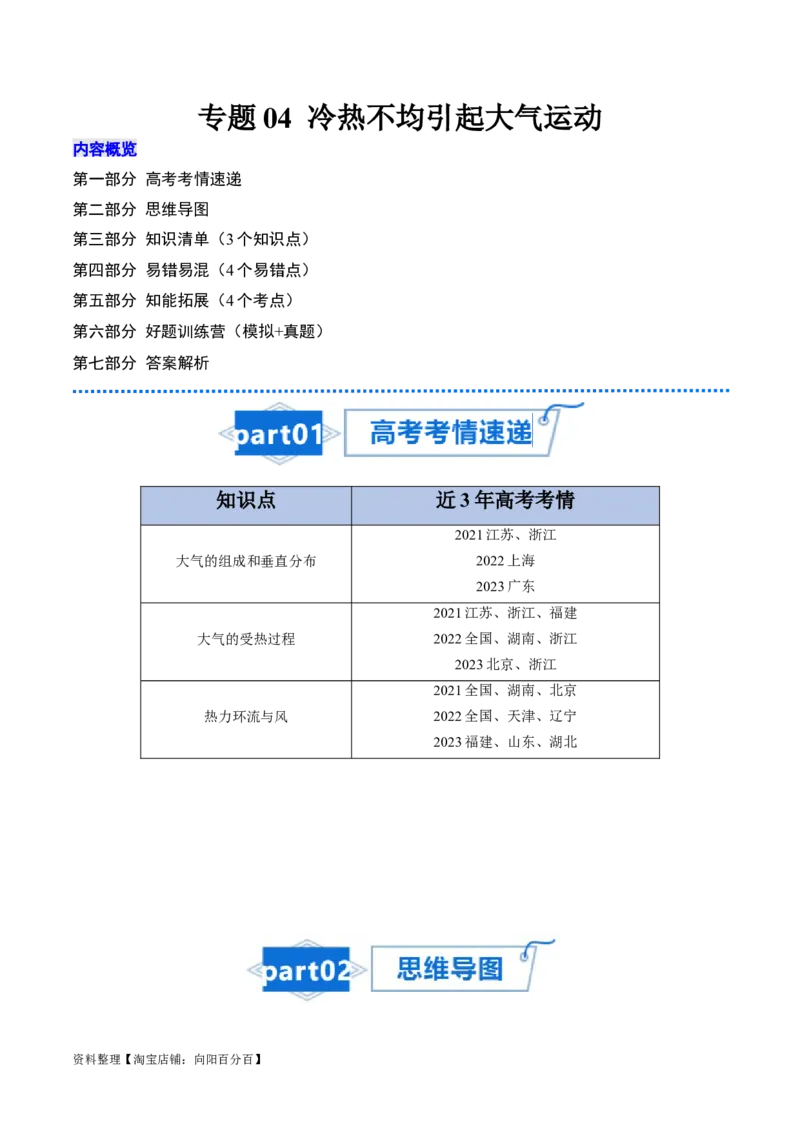 专题04冷热不均引起大气运动-口袋书2024年高考地理一轮复习知识清单_新高考复习资料_2024年新高考复习资料_一轮复习资料_完口袋书2024年高考地理一轮复习知识清单