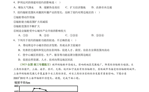 3.1城市的辐射功能（练习）-备战2024年高考地理一轮复习考点帮（新高考专用）（原卷版）_新高考复习资料_2024年新高考复习资料_一轮复习资料_第四部分区域发展