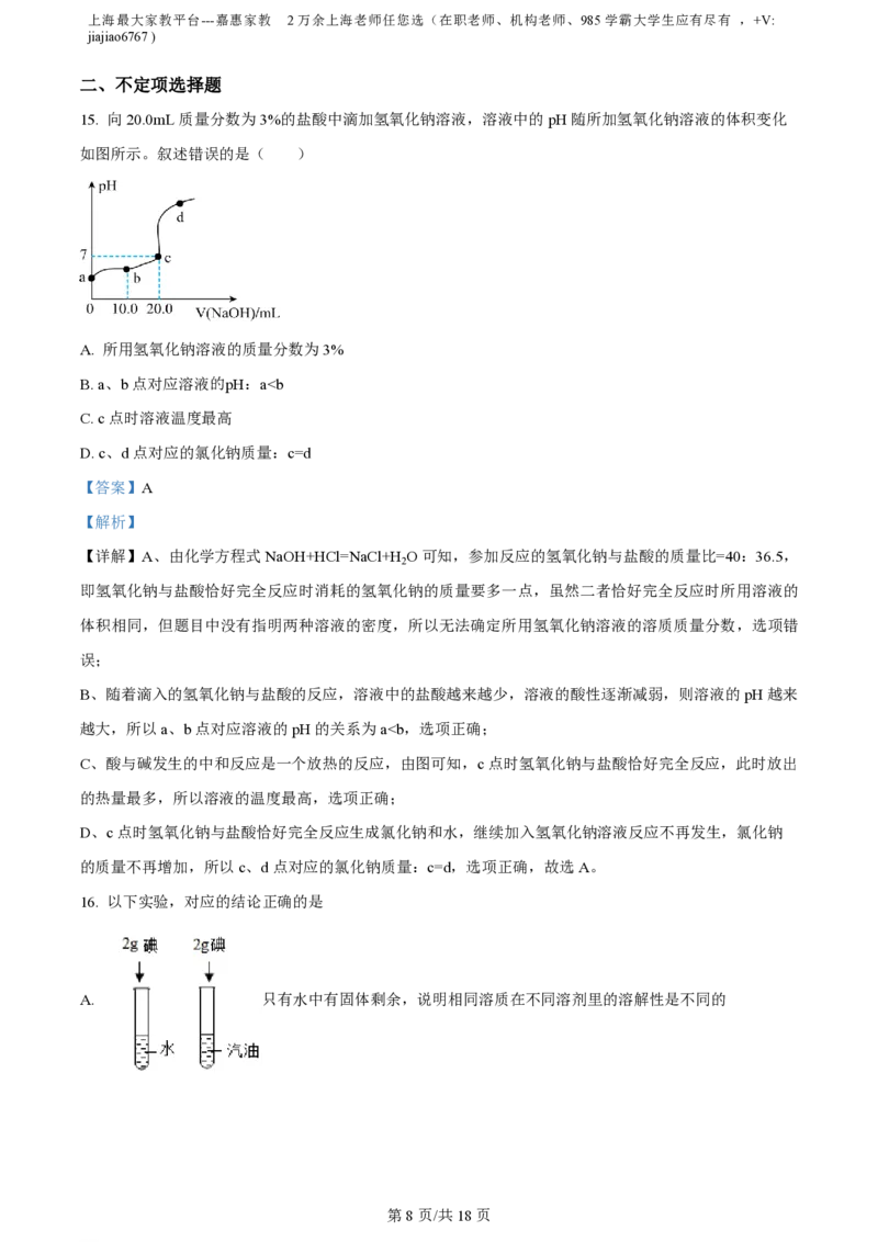 精品解析：2023年上海市杨浦区兰生复旦中学中考二模模拟化学试题（解析版）_0122026上海中考一模二模真题试卷_2026年上海一模_上海1500初中高中试卷_初中_九年级_下学期_4：模拟卷多