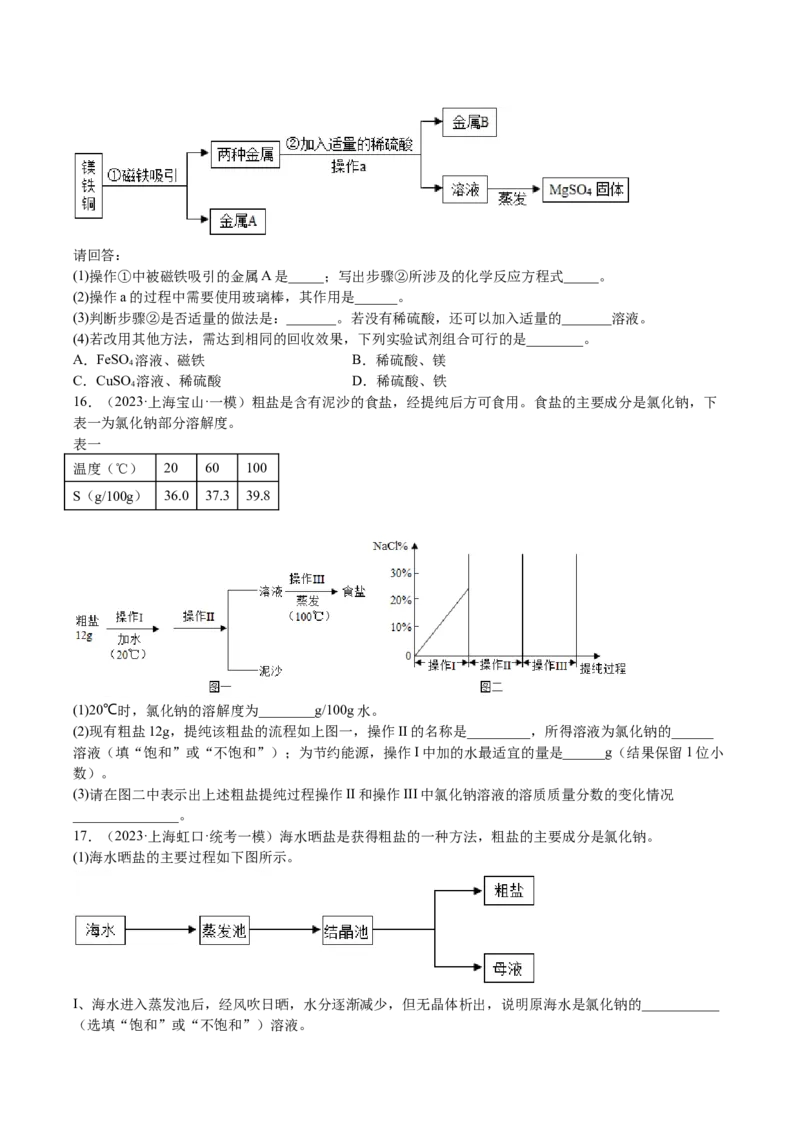 专题07简答题溶液题、压轴题（原卷版）_0122026上海中考一模二模真题试卷_2025-2012年_5.上海中考化学一模二模（12-24）_一模_2023年上海市中考化学一模试卷（15区）