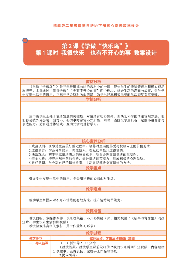 2.1《学做&ldquo;快乐鸟&rdquo;&mdash;&mdash;我很快乐也有不开心的事》教案设计(1)(1)_26新二年级道法下册（统编版）_版本一_部编版道德与法治2下_2026春新版_第三套-wu_01课件+教案+习题第1套