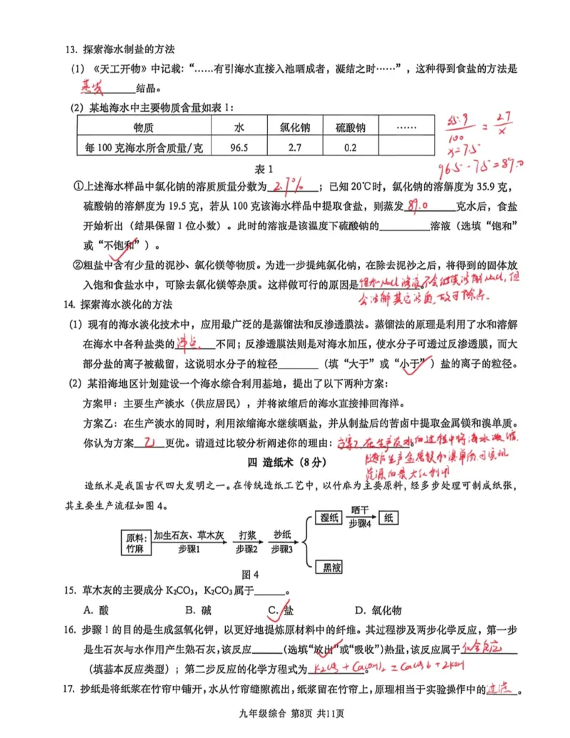 金山二模化学答案（手写参考版）_0122026上海中考一模二模真题试卷_2026上海二模更新中1_金山