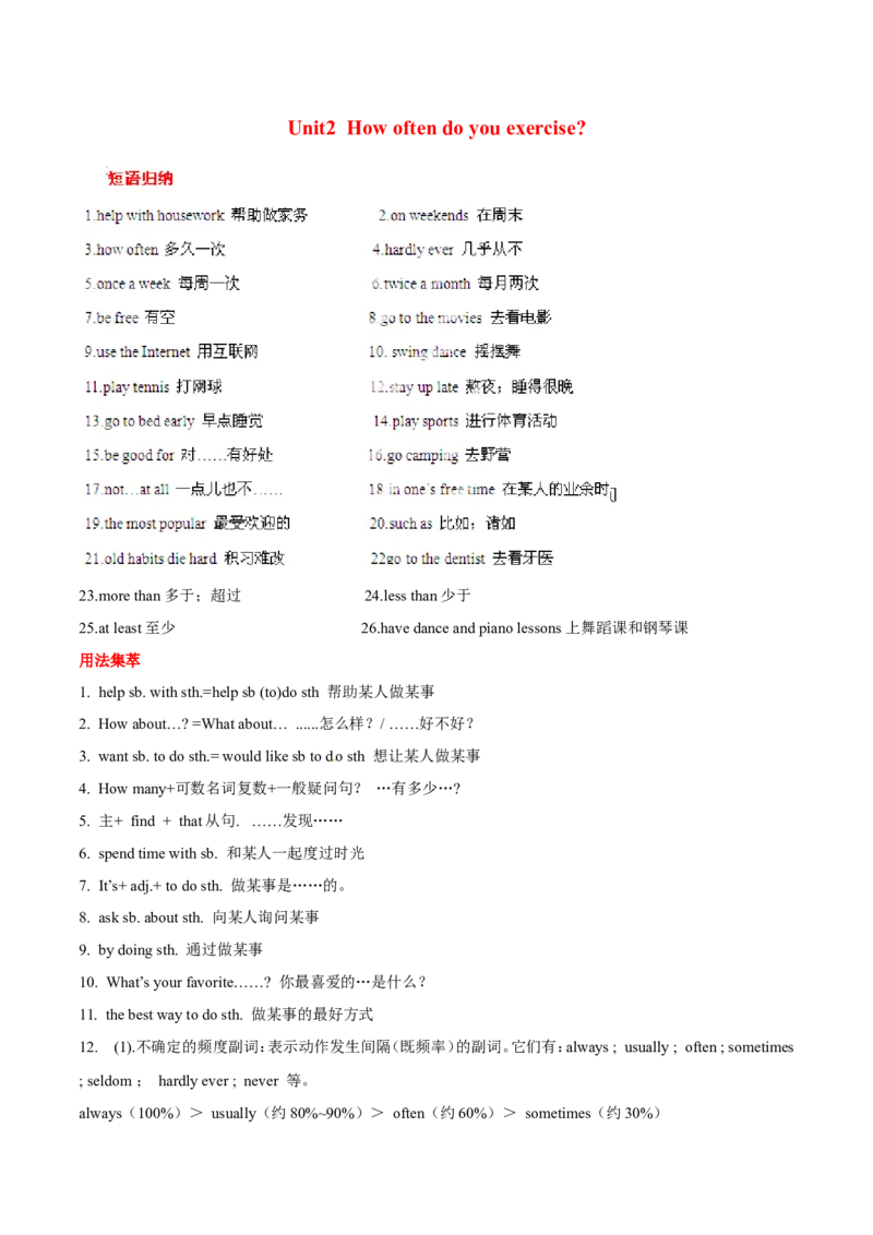 Unit2Howoftendoyouexercise？基础知识手册_最新人教版英语八年级上册_老版（含有参考价值）_07教辅资料+课外拓展人教版初中英语八上（多版本）易提分旗舰店_教学辅助资料_Unit2
