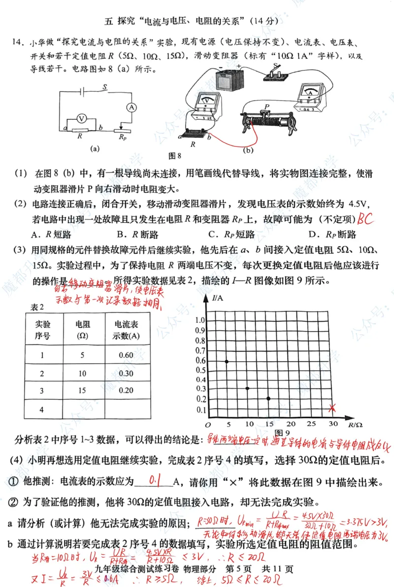 青浦物理手写参考答案_0122026上海中考一模二模真题试卷_2026上海二模更新中1_杨浦