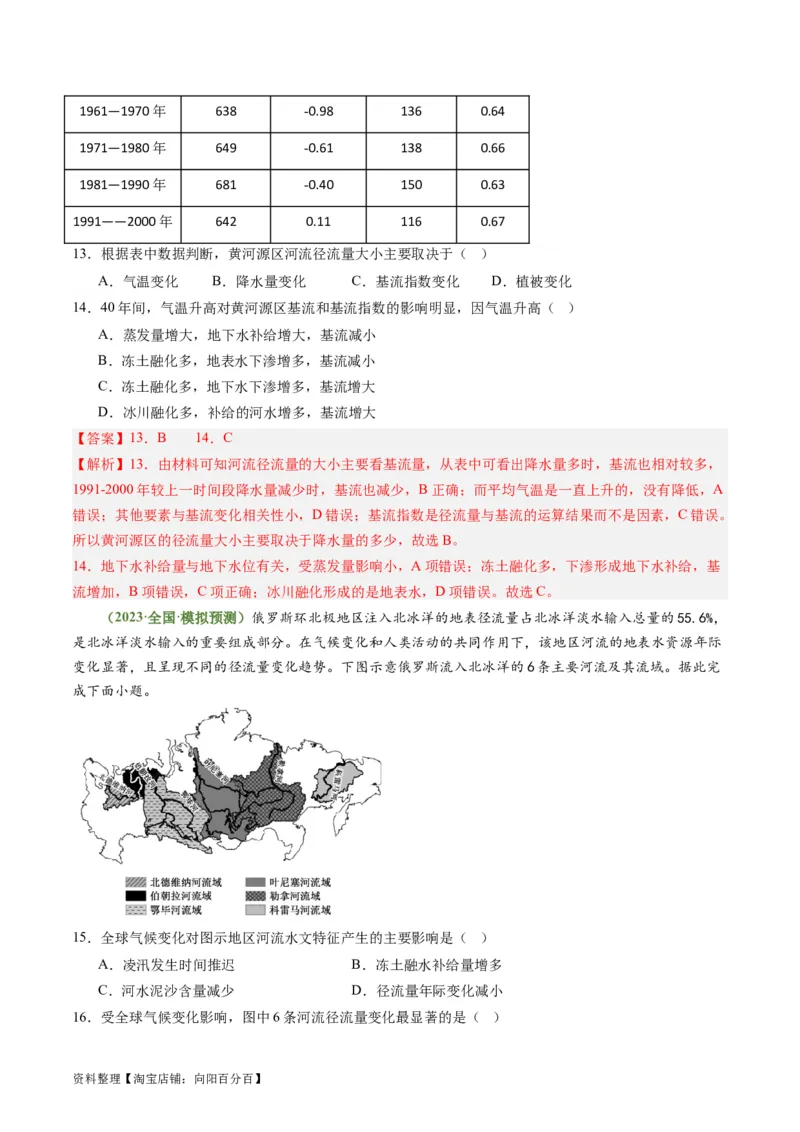 3.2陆地水体的相互关系（练习）（解析版）_新高考复习资料_2024年新高考复习资料_一轮复习资料_完备战2024年高考地理一轮复习考点帮（新高考专用）_第二部分自然地理