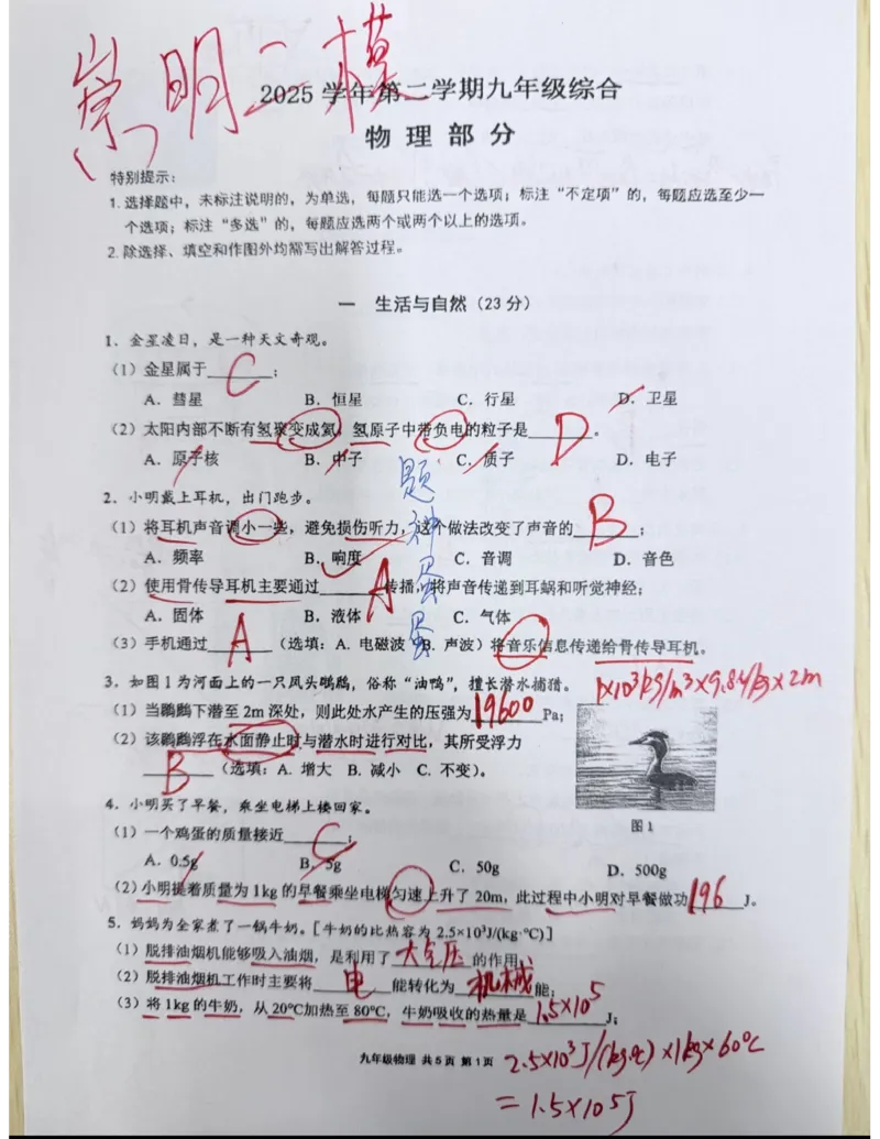 崇明二模物理答案（手写参考版）_0122026上海中考一模二模真题试卷_2026上海二模更新中1_崇明