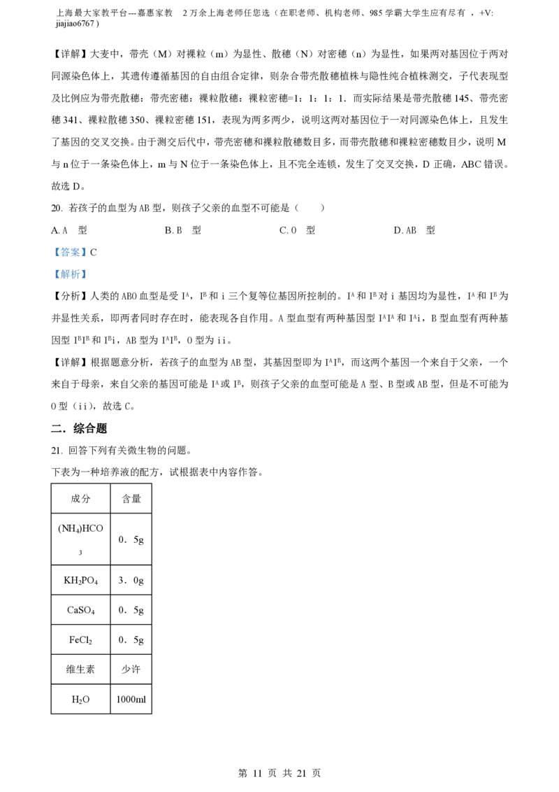 精品解析：上海市徐汇中学2021-2022学年高二上学期期中生物（等级考）试题（解析版）_0122026上海中考一模二模真题试卷_2026年上海一模_上海1500初中高中试卷_高中_高二_上学期_2：期中
